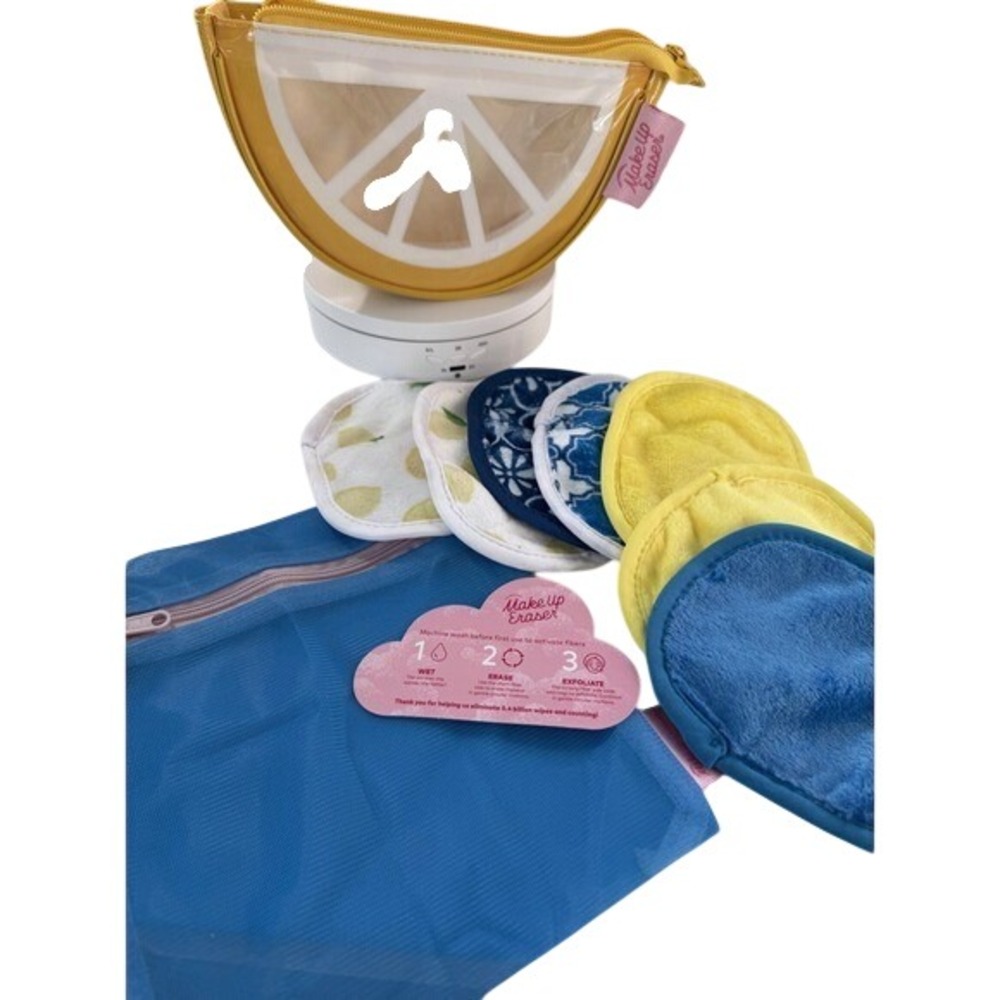 MakeUp Eraser 7-Day Set Lemon Squeeze Reusable Rounds Yellow Blue Travel‎ Pouch